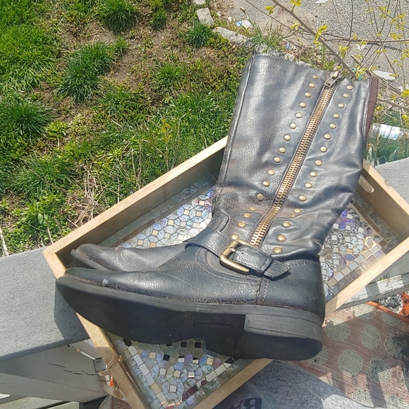 Women's biker goth y2k distressed knee high brown rustic zip tall boots 7? - Picture 3 of 13